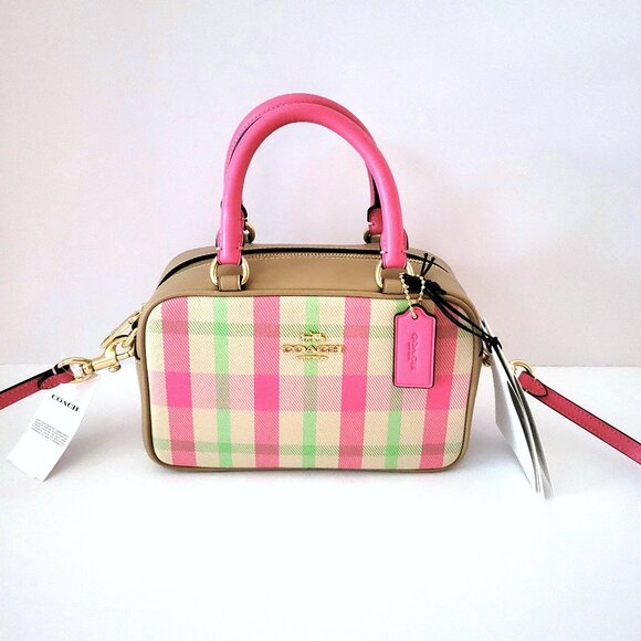 Coach CBI90 Satchel Crossbody Plaid Canvas Leather Small Handbag Pink Multi - Picture 1 of 7